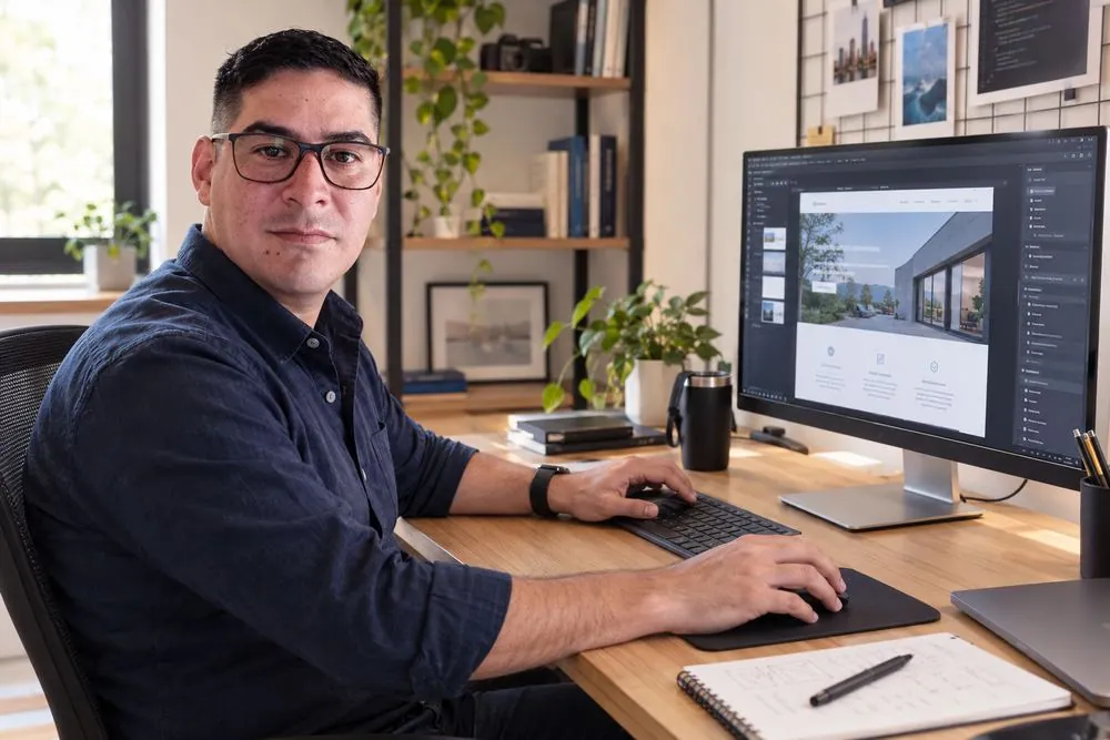 Ale trabajando en su escritorio con el diseño de un sitio web en pantalla