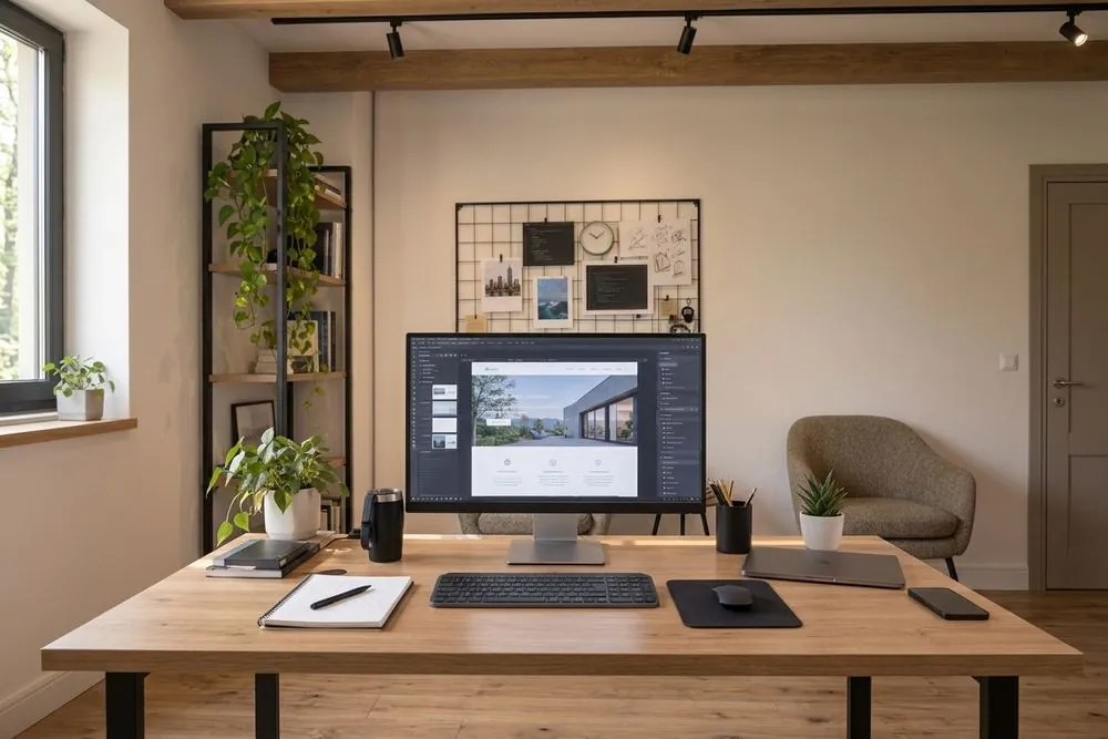 Escritorio del estudio con monitor, plantas y tablero de ideas