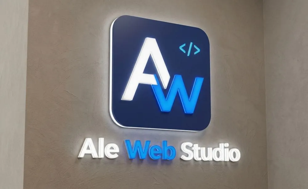 Logo de Ale Web Studio iluminado en la pared del estudio
